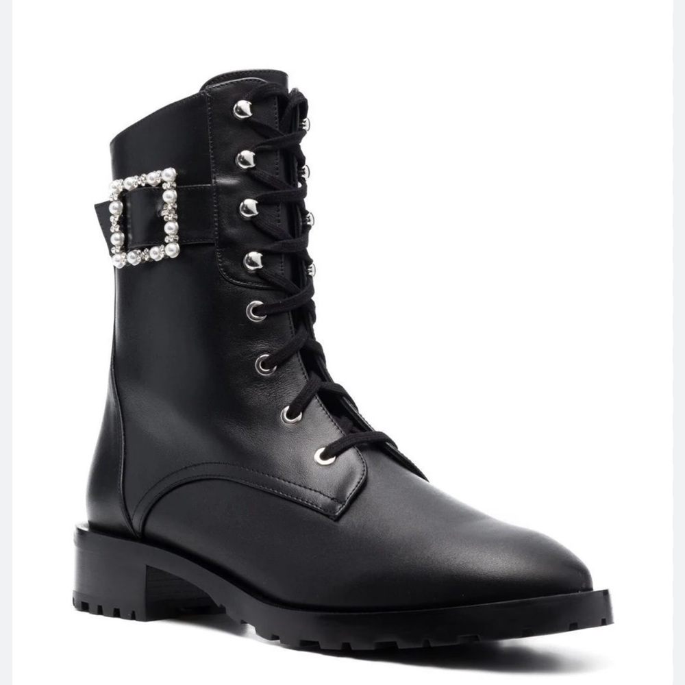 NEW $770 Stuart Weitzman Pearl Ankle Buckle Combat black leather boot women Sz 6
